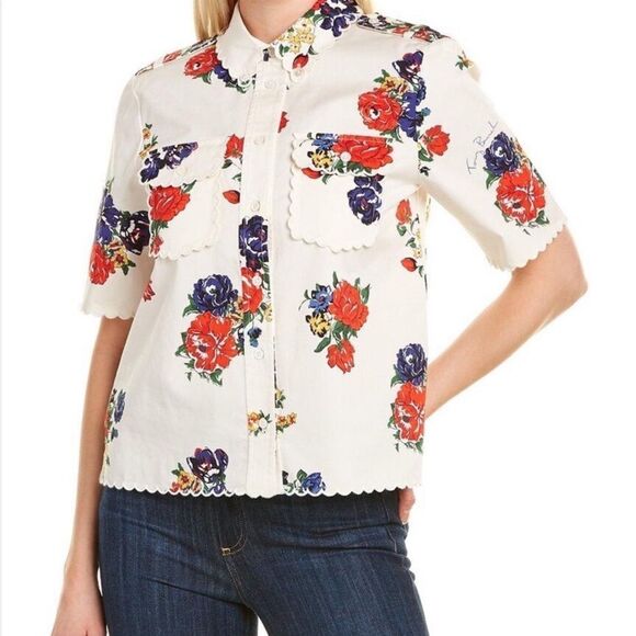 Tory Burch Tops - Tory Burch Twill Safari Floral Button Up Short Sleeve Shirt 00